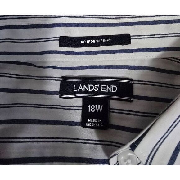 Lands End Button-Down Shirt 18W No Iron Supima Striped Blue & White Long Sleeve - Picture 6 of 9